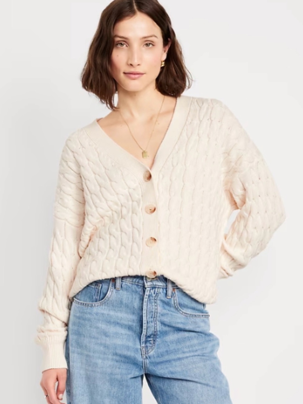 Old Navy Cream Cable-Knit V-Neck Button Cardigan